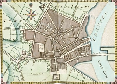 Dobbeltsidet akvarellplan av Belfast, ca. 1795 av James Williamson