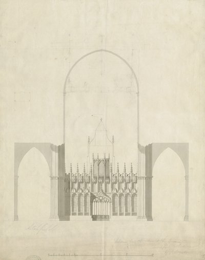 Interiør av Lichfield Cathedral - Inngang fra kor til Nave: tegning og vask, nd [c 1780] av James Wyatt