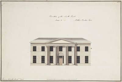 Soho House: Plan over første etasje; Plan over soverommetasjen; Forhøyning av sørfronten, design A, forhøyning av sørfronten, design B og forhøyning av nordfronten, 1796 av James Wyatt