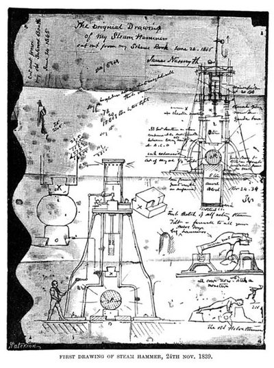 Første tegning av Steam Hammer, 24. november 1839, fra en utrevet side fra Nasmyths skissebok, gravert av R. Paterson av James after Nasmyth