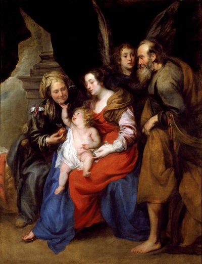 Portrett av den hellige familie med St Anne, mor til Maria og en engel (olje på lerret av Jan Roos