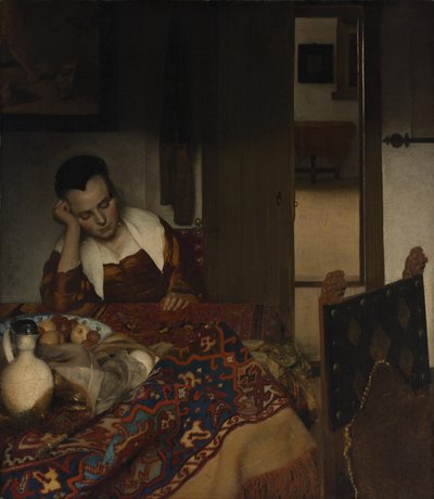 Jenta sover ved et bord av Johannes Vermeer