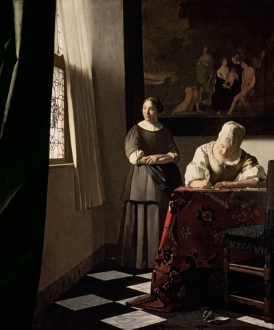 Dame skriver et brev med hushjelpen sin, ca. 1670 (olje på lerret) av Johannes Vermeer