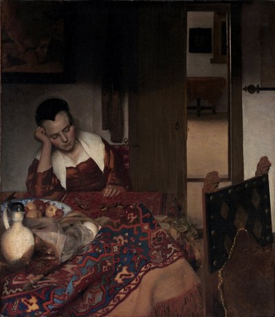 A Sleeping Girl - Maleri av Johannes Vermeer (Vermeer de Delft) (1632-1675), olje på lerret av Johannes Vermeer