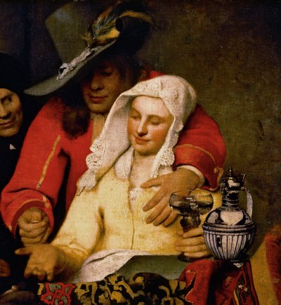 En mann holder frem en mynt til en kvinne som berører brystet hennes, detalj fra The Procuress av Johannes Vermeer