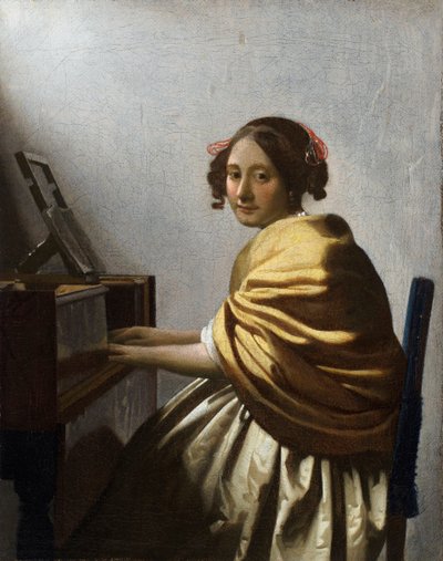 ""Young Woman Seated at a Virginal"" (A Young Woman seated at a Virginal) Maleri av Jan Vermeer (Johannes) (1632-1675) ca. 1670 Dim 25,1x20 cm Privat samling av Johannes Vermeer