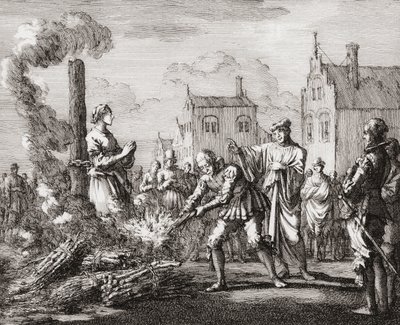 En kvinne blir brent på bålet som heks (trykk) av Jan (after) Luyken