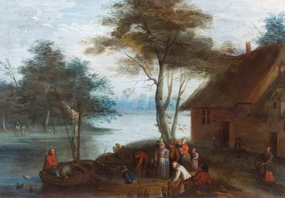 Et elvelandskap med figurer ved en bygning som går inn i båter av Jan (follower of) Brueghel