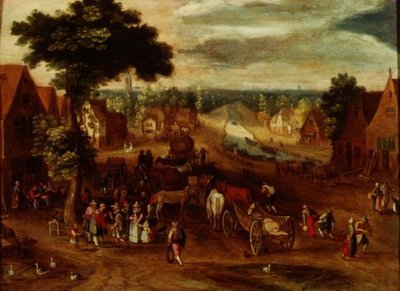 En landsby med reisende utenfor et vertshus av Jan (follower of) Brueghel