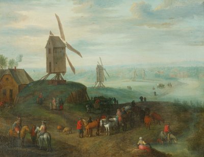 Landskap med vindmøller (olje på kobber) av Jan (follower of) Brueghel