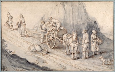 Bønder laster en en-hests vogn med rotgrønnsaker (penn og blekk med vask på papir) av Jan (follower of) Brueghel