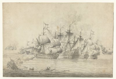Et sjøslag, muligens ved Lowestoft 13. juni 1665 (høyre blad) av Jan Abrahamsz. Beerstraten (possibly)