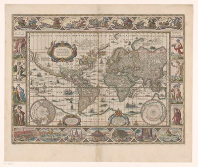 Wereldkaart met dekorative randen Et nytt geografisk og hydrografisk kart over hele verden av Jan Aertse van den Ende