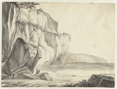 Kystutsikt med steiner som reiser seg opp av vannet av Jan Asselijn (attributed to)