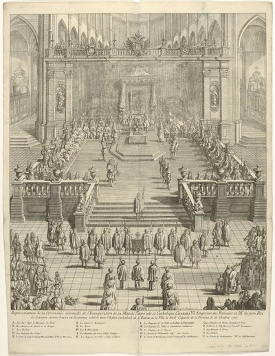 Inhuldiging van keizer Karel VI som graaf van Vlaanderen te Gent, 1717 Representasjon av den høytidelige seremonien for innsettelsen av hans keiserlige og katolske majestet Charles VI. Romernes keiser og 3. konge av Spania, som greve av Fland av Jan Baptist Berterham