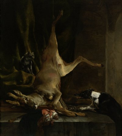 En hund og en katt i nærheten av en hjort som er delvis løsnet av Jan Baptist Weenix