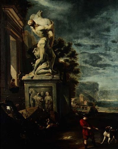 Havn med figurer ved en klassisk statue av Jan Baptist Weenix