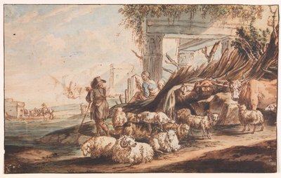 Hyrde med en saueflokk og en ku blant ruiner av Jan Baptist Weenix