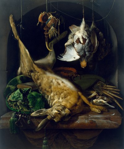 Stilleben med en død hare, rapphøns og andre fugler i en nisje, ca. 1675 av Jan Baptist Weenix