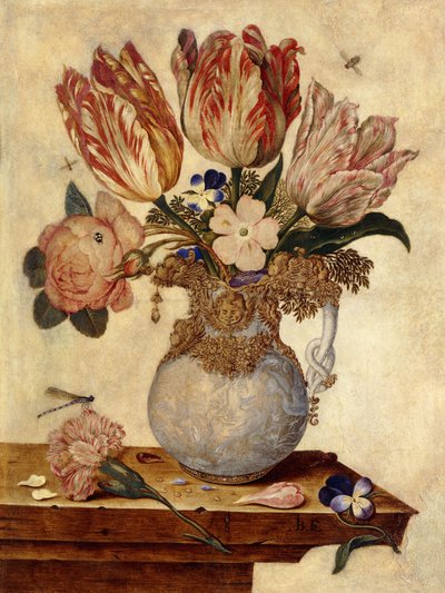 Tulipaner, forglemmigei, peoner og andre blomster i en vase på en avsats, av Jan Baptist van Fornenburgh