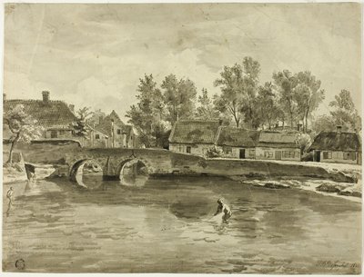 Mann som fisker i elven i nærheten av landsbyen av Jan Baptiste de Jonghe