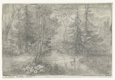 Skogsdam med ender av Jan Bos Wz. (signed by artist)