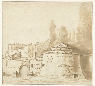 Italiensk bygning med tungt rundt tårn av Jan Both (attributed to)