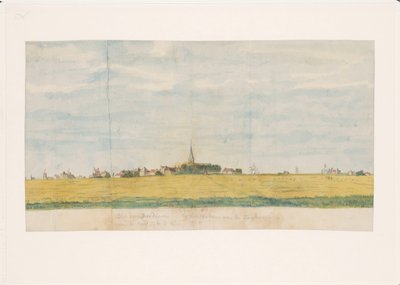 Landsbyen Overdiem nær Amsterdam ved Zuyderzee, sett fra landsiden (tittel på objekt) av Jan Brandes