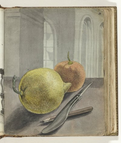 Stilleben med frukt, kniv og blyant. av Jan Brandes