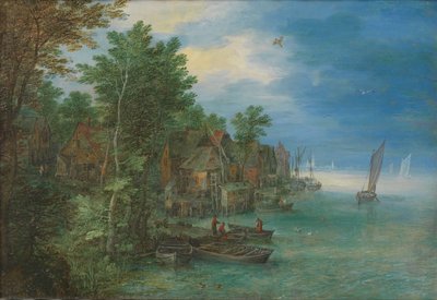 Utsikt over en landsby langs en elv Utsikt over en landsby ved en elv av Jan Brueghel (I)