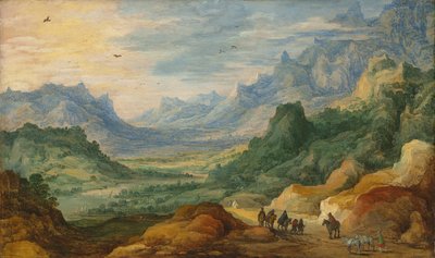 Et fjelllandskap med reisende og gjetere på en sti av Jan Brueghel the Elder