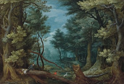 Et skoglandskap med jegere som jager en hjort av Jan Brueghel the Elder