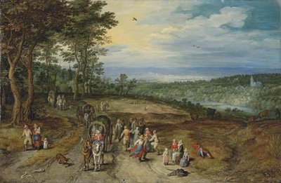 Et vidstrakt skogkledd landskap med reisende på en sti og bønder som danser i forgrunnen / Landskap med reisende og bønder på en sti av Jan Brueghel the Elder