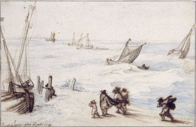 Strand med seilbåter og stormfullt hav av Jan Brueghel the Elder