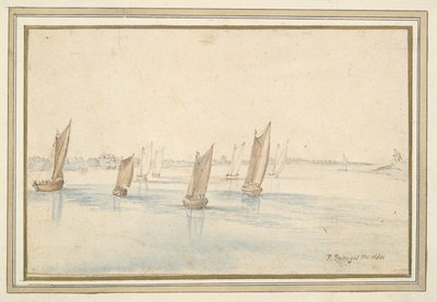 Båter som seiler på en elv, et landsted i det fjerne av Jan Brueghel the Elder