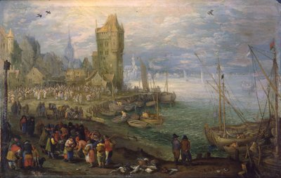 Fiskemarked nær en havn Fiskemarked nær havnen av Jan Brueghel the Elder