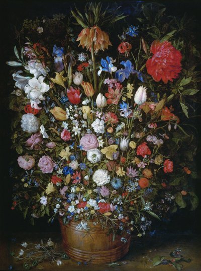 Blomster i et trekar av Jan Brueghel the Elder