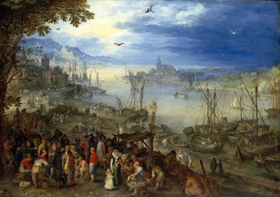 Fiskemarked ved bredden av en elv av Jan Brueghel the Elder