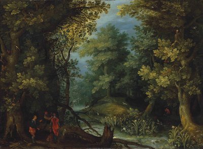 Jegere med hunder ved en bekk i et skogkledd landskap av Jan Brueghel the Elder