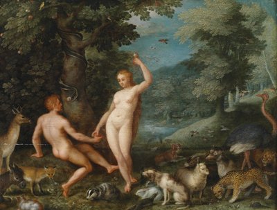 Paradislandskap med Eva som frister Adam av Jan Brueghel the Younger