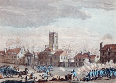 Kamp foran Eglise de la Chapelle, Paris. mellom vokterne av barrierene til Fermiers Generaux og de revolusjonære 24. januar 1791, ca. 1795 av Jan Bulthuis