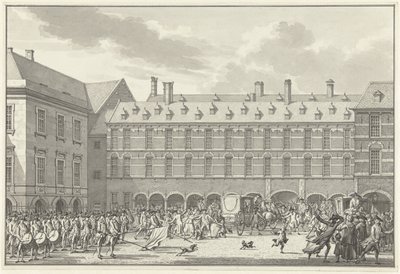 Forstyrrelser da deputatene i Dordrecht kjører gjennom Stadhouderspoort på Binnenhof, 1786 av Jan Bulthuis