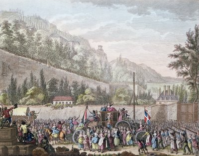 Kvinnene i Les Halles i Auteuil da de brakte den franske kongefamilien til Paris fra Versailles 6. oktober 1789, 1796 av Jan Bulthuis
