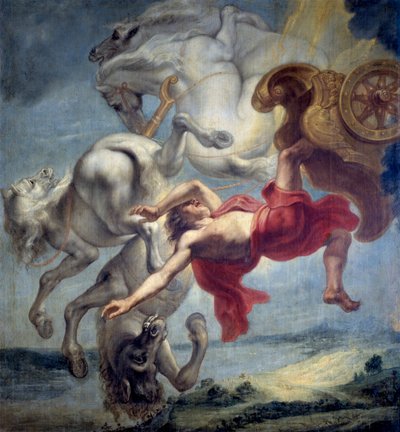 Phaetons fall: ute av stand til å mestre vognen til Helios, Phaeton (Phaethon) blir slått ned av Zevs, og faller i Eridan-elven (The fall of Phaeton) - Maleri av Jan Carel van Eyck (1649-cirka 1690), Olje på lerret, sent på 1600-tallet, dimensjon: 197x18 av Jan Carel van Eyck