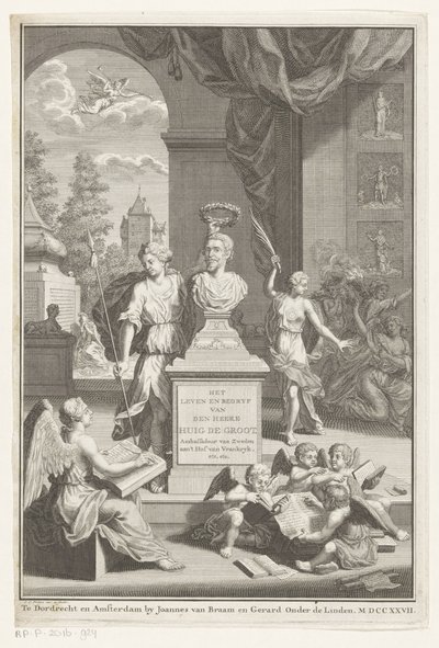 Byste av Hugo de Groot hyllet av Victoria Livet og virksomheten til Mr. Huig de Groot (tittel på objekt) Tittelside for: Caspar Brandt og Adriaan van Cattenburg, History of the life of Mr Huig de Groot, 1727 av Jan Caspar Philips