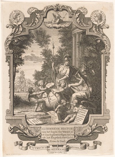 Kartusj med allegori over Hellas historie Tittelside for: Kornelis Westerbaen, Algemeene histori, 1742 av Jan Caspar Philips