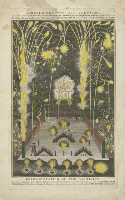 Fyrverkeri ble avfyrt 15. oktober 1745, Maria Theresias navnedag, på oppdrag fra Anthoni de Groot Skildring av fyrverkeriet, av Anthoni de Groot, Courantier van The Hague, XV oktober MDCCXLV på den første hendelsen av Haares navnedag av Jan Caspar Philips