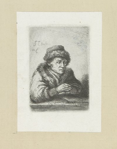 Volwassen man aan een tafel, i bontmantel The Compleat Work of Etchings av John Chalon / Oeuvre Complette des Eaux Fortes av Jean Chalon (serietittel) av Jan Chalon