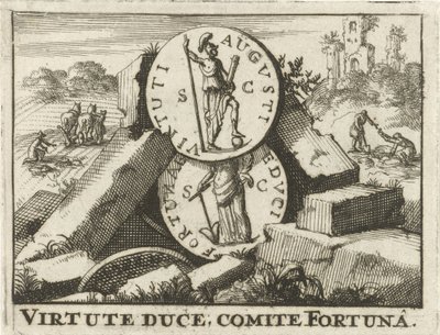 Romerske mynter lener seg på en haug med steiner Virtute Duce, Committee Fortuna (tittel på objekt) av Jan Claesz ten Hoorn