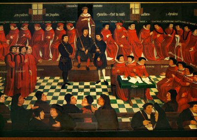 Høytidelig åpningssesjon for Burgundparlamentet i Mechelen (maleri på eik) av Jan Coessaet